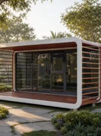 20ft white Apple Cabin with covered wood-look balcony in a landscaped resort