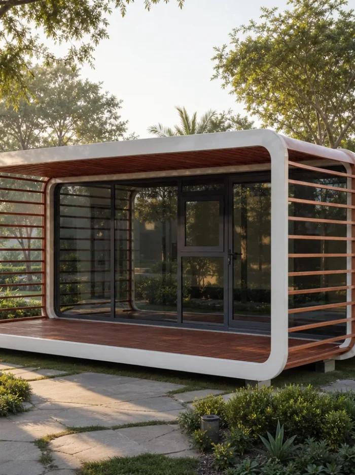 20ft Apple Cabin with Balcony for Resort 20ft white Apple Cabin with covered wood-look balcony in a landscaped resort