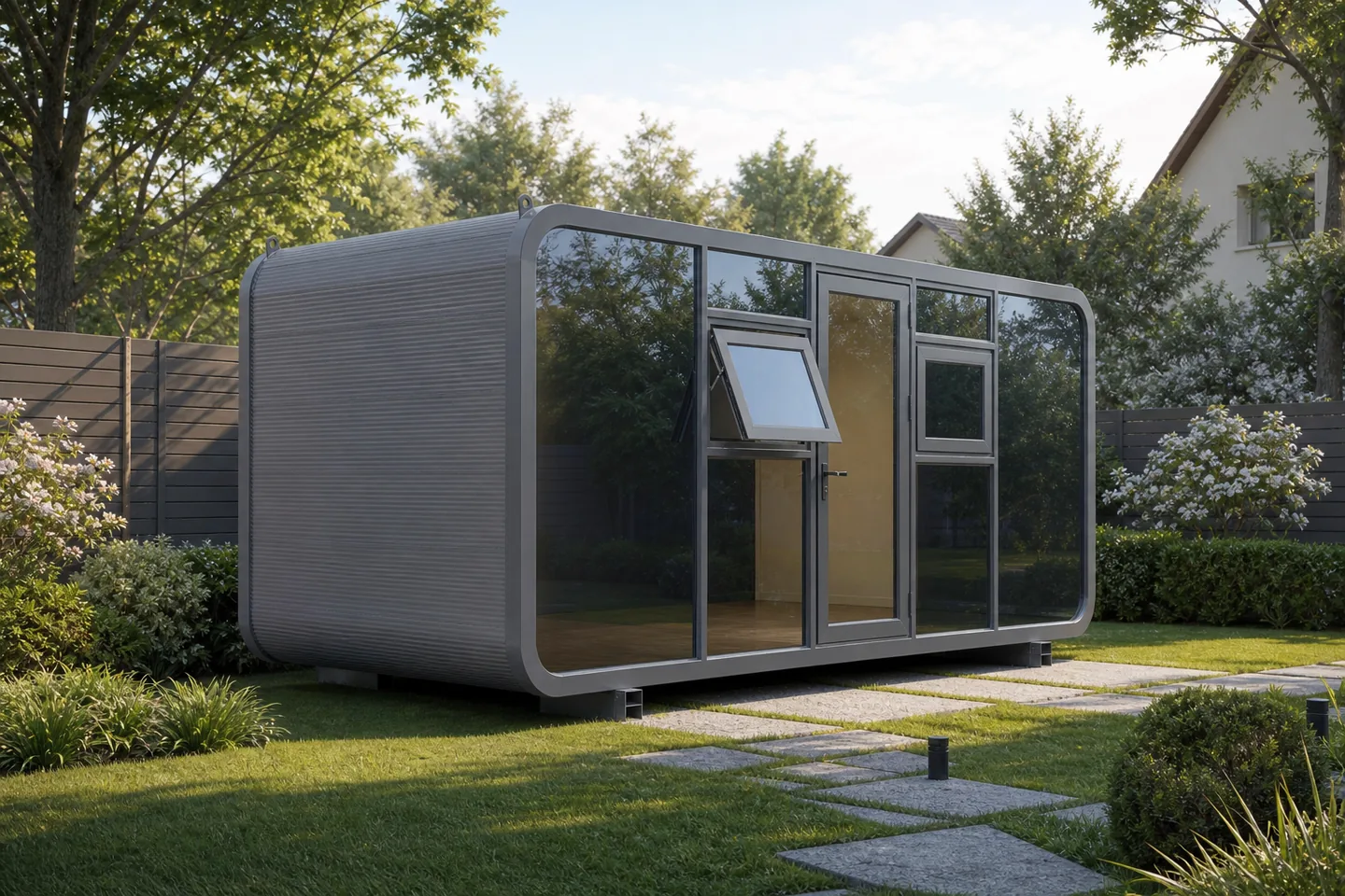 gray 20ft apple cabin installed as a modern backyard guest house