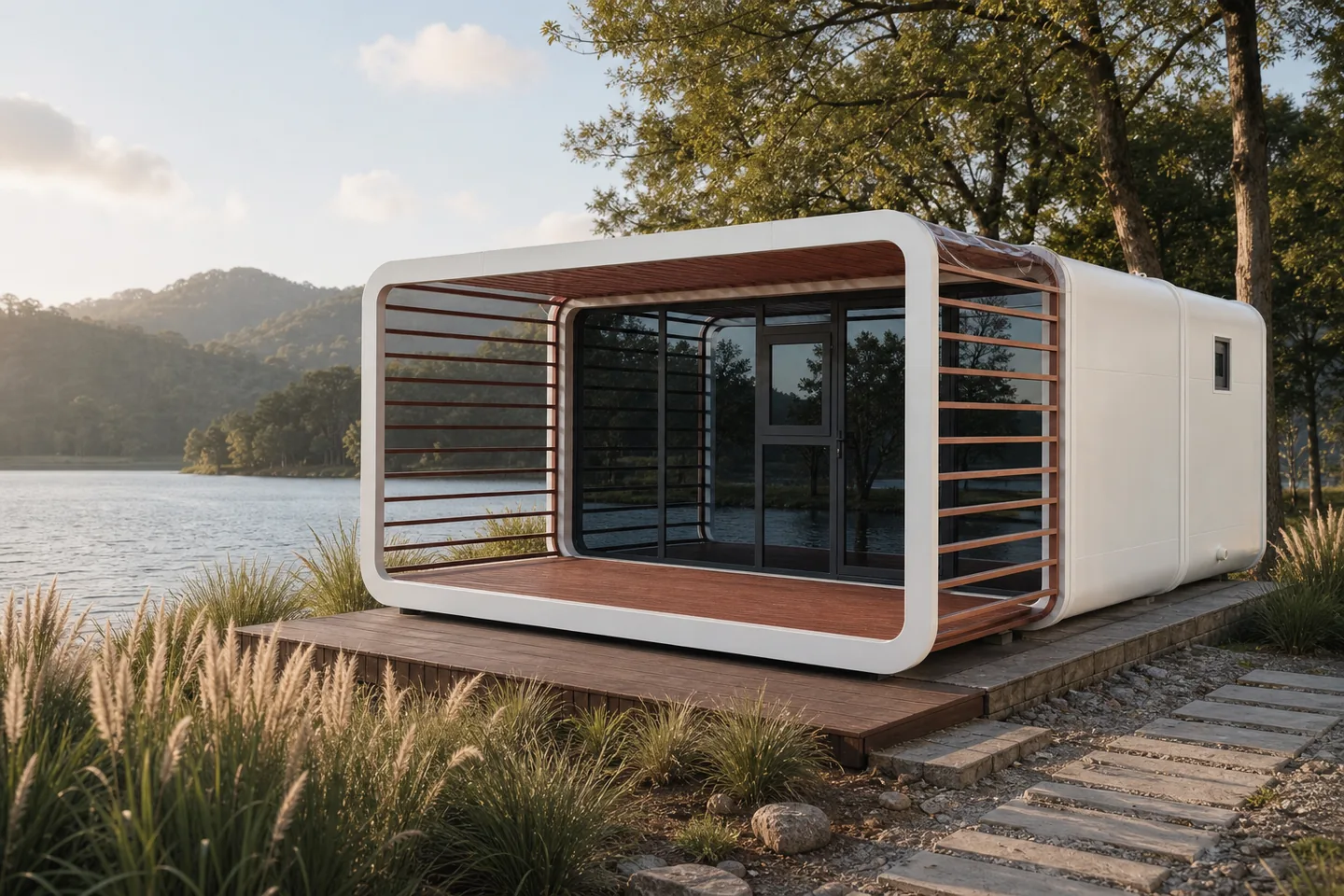 white Apple Cabin with balcony installed beside a lake for glamping