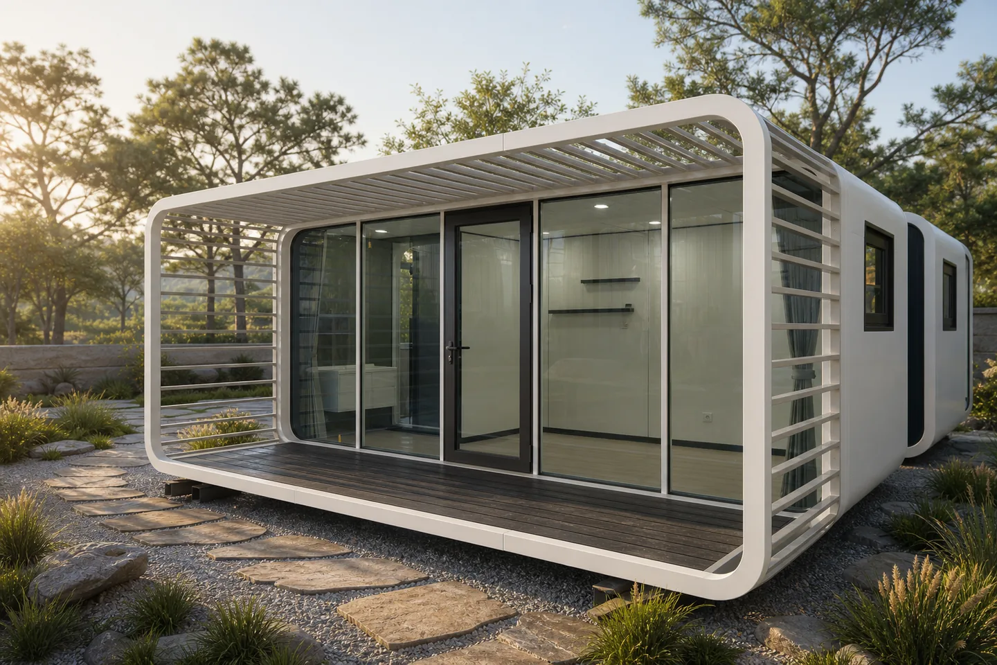 20ft luxury prefab apple cabin installed in a landscaped resort garden