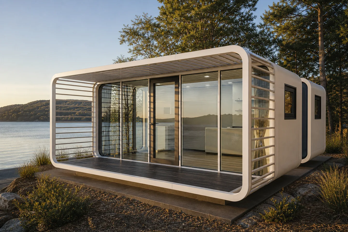 20ft apple pod glamping cabin with terrace beside a lake