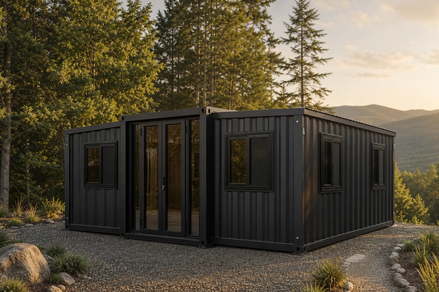 20ft black expandable Airbnb cabin in a forest setting