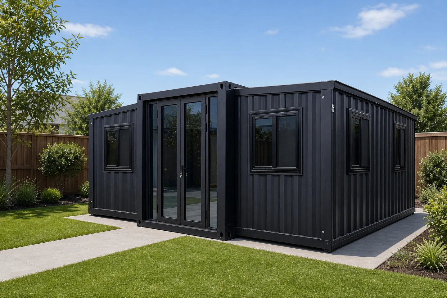 20ft black expandable prefab home installed in a residential backyard