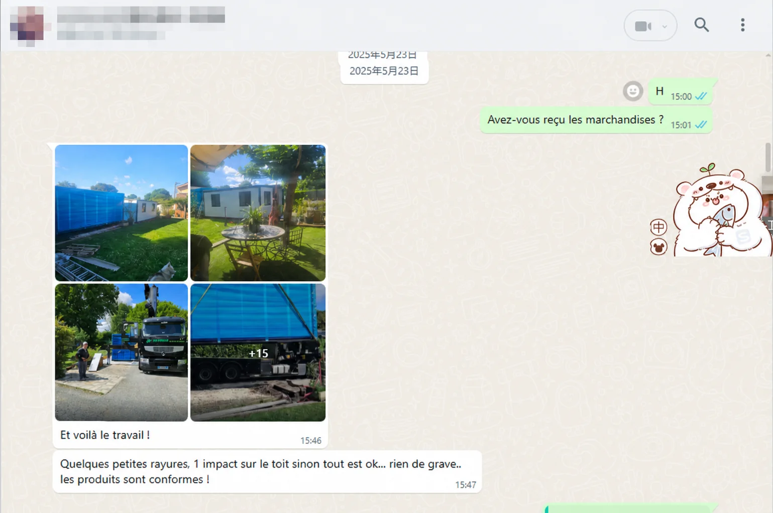anonymized French customer feedback confirming two 20ft expandable houses were received and installed