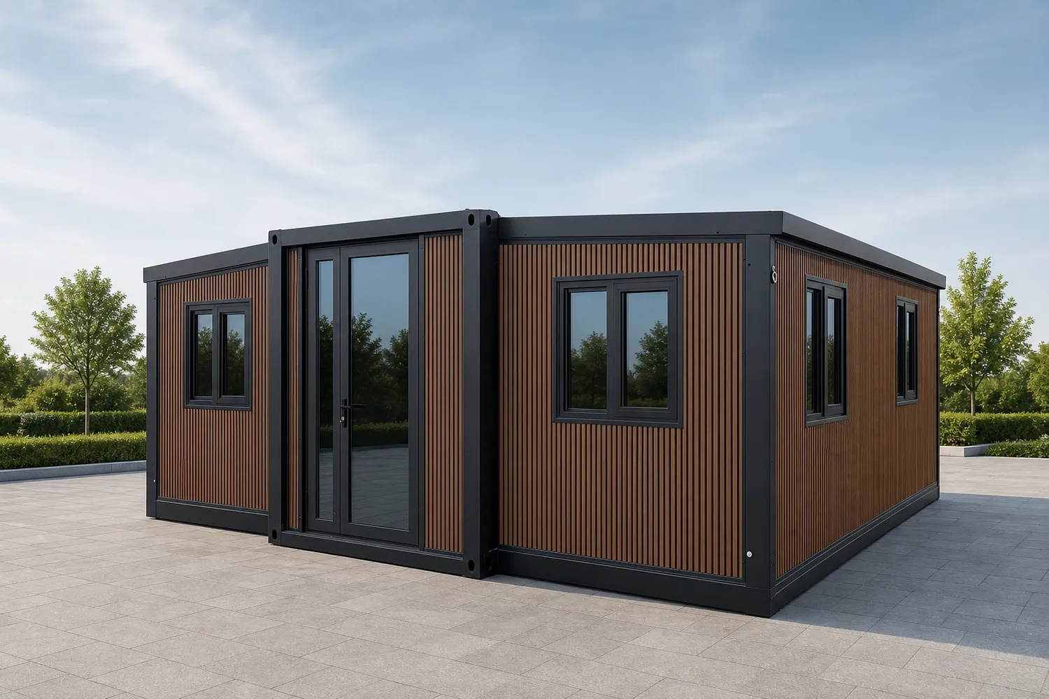 20ft prefab expandable house with brown vertical fluted cladding and modern black frame