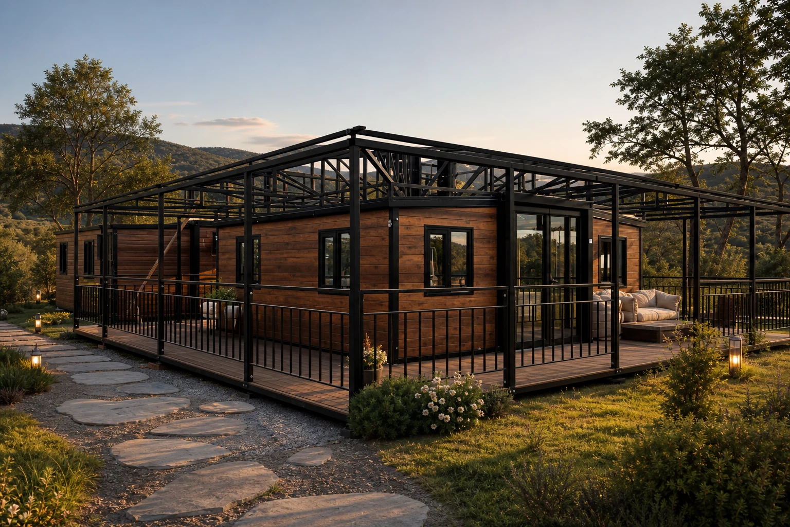 20ft folding house with veranda visualized as a countryside homestay cabin