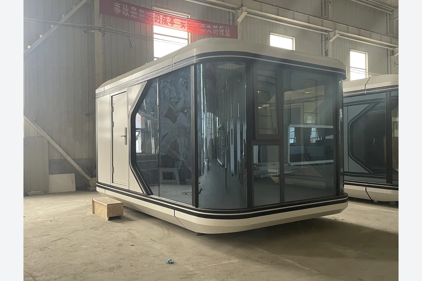 20ft glass pod cabin with secure side entrance door