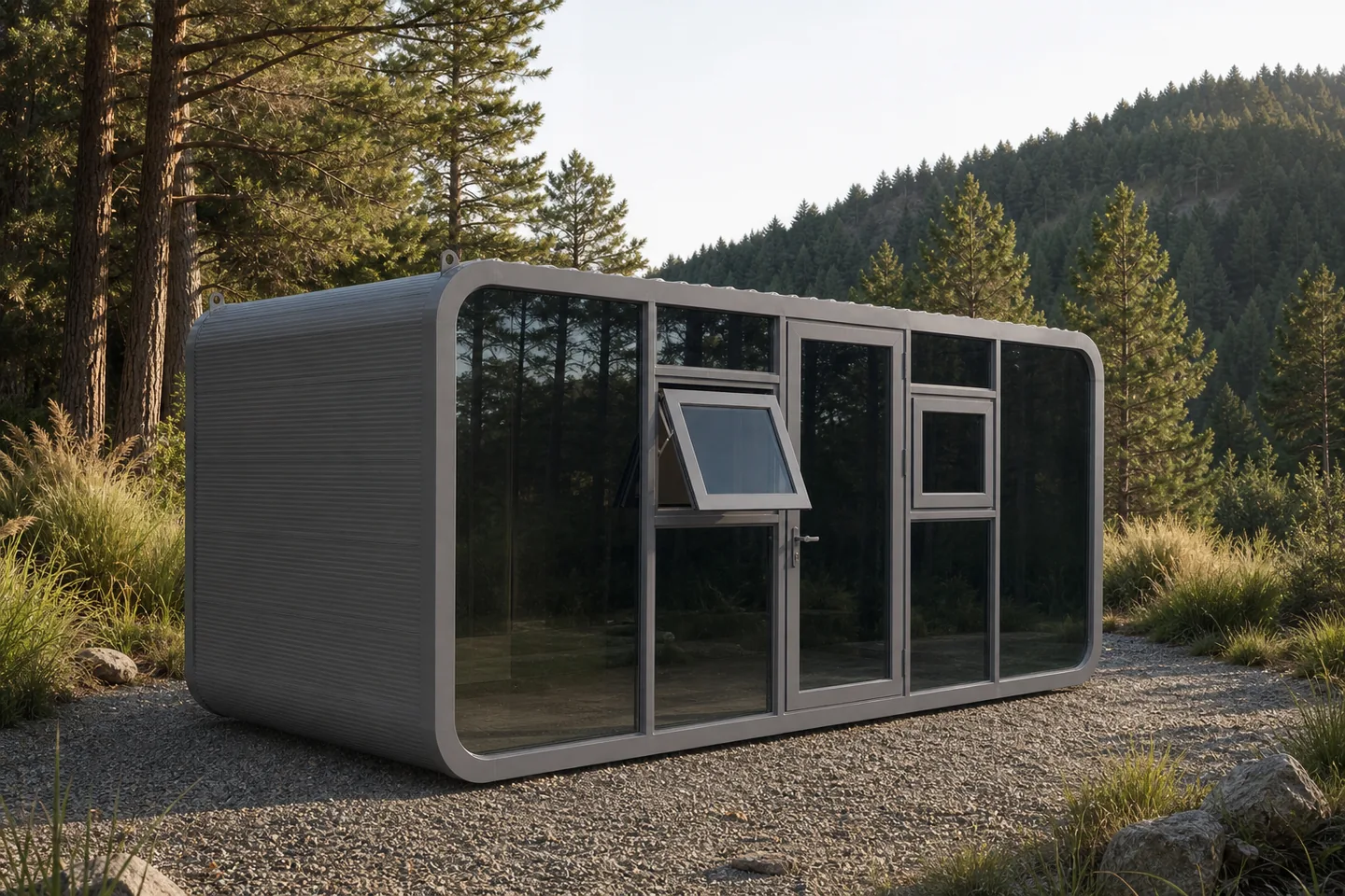 gray apple pod prefab cabin for forest resort and glamping accommodation