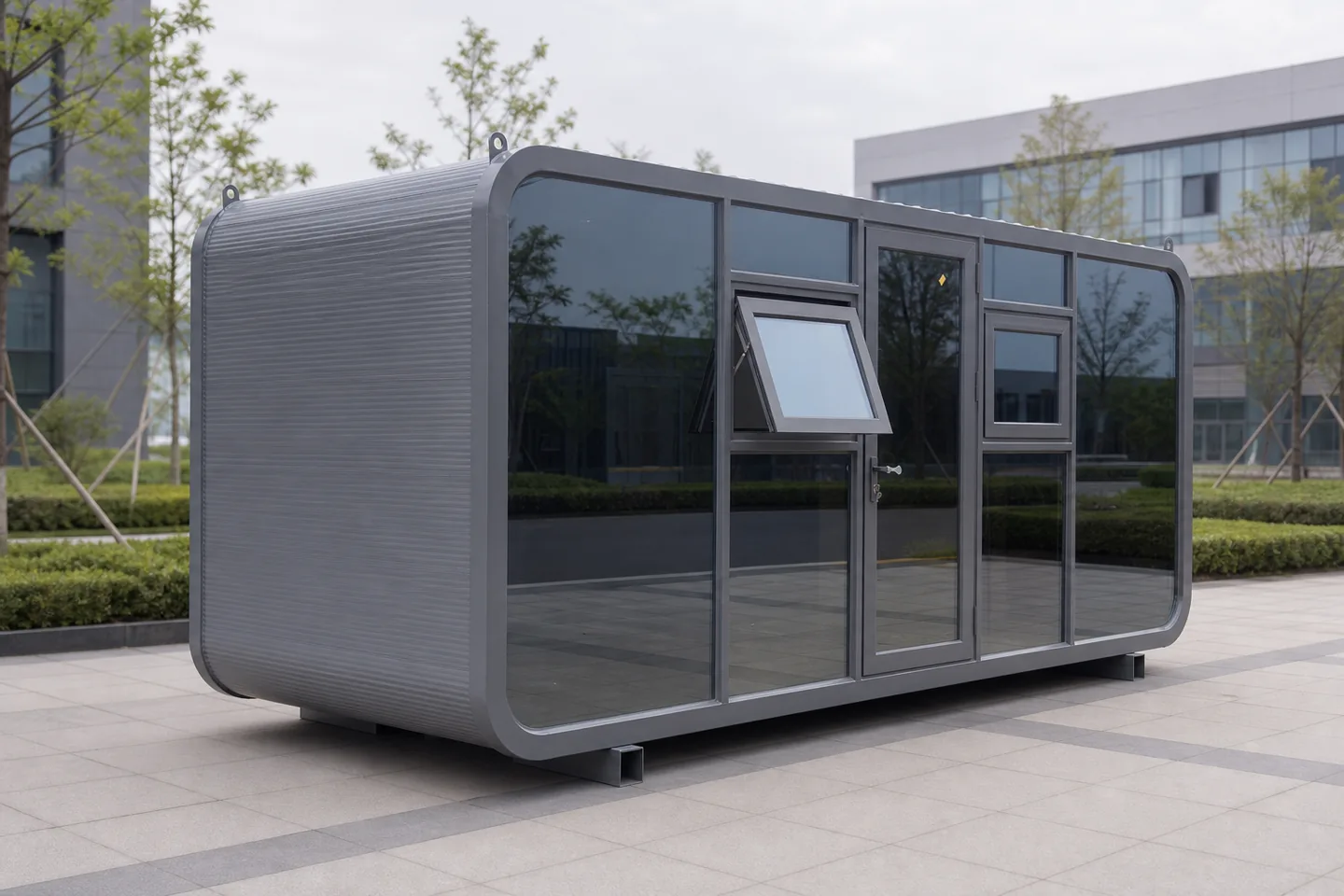 20ft gray modular glass cabin for office kiosk or reception use