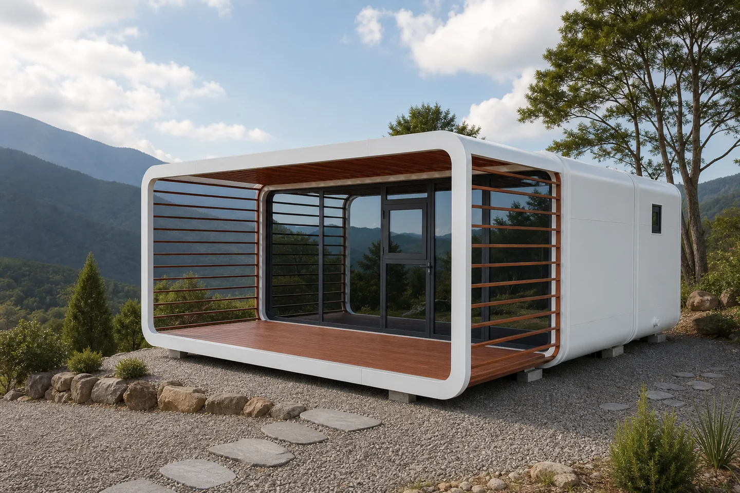 20ft modular Apple Cabin with veranda in a mountain Airbnb setting