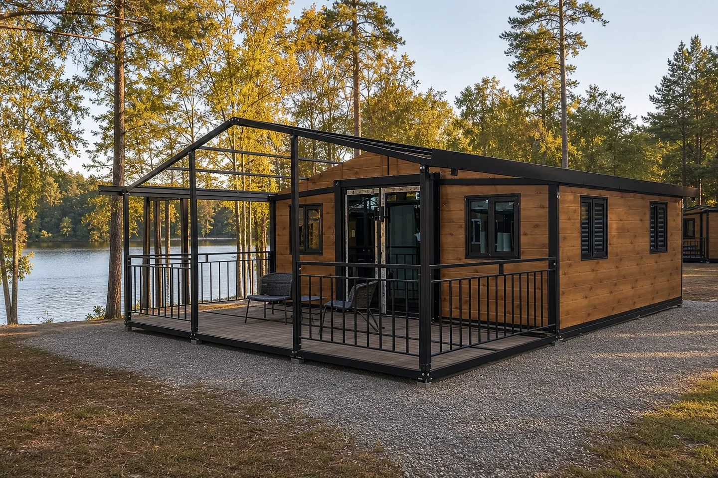 20ft prefab homestay cabin with black veranda in a lakeside holiday park