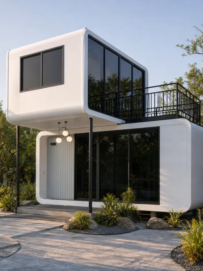 20ft Two Storey Apple Cabin Resort Villa white two storey 20ft apple cabin modular resort villa with rooftop terrace