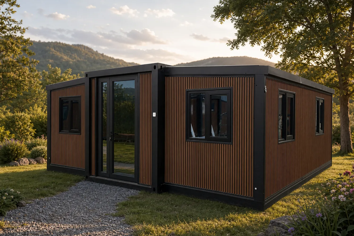 20ft wood grain folding prefab house with black steel frame for a countryside homestay