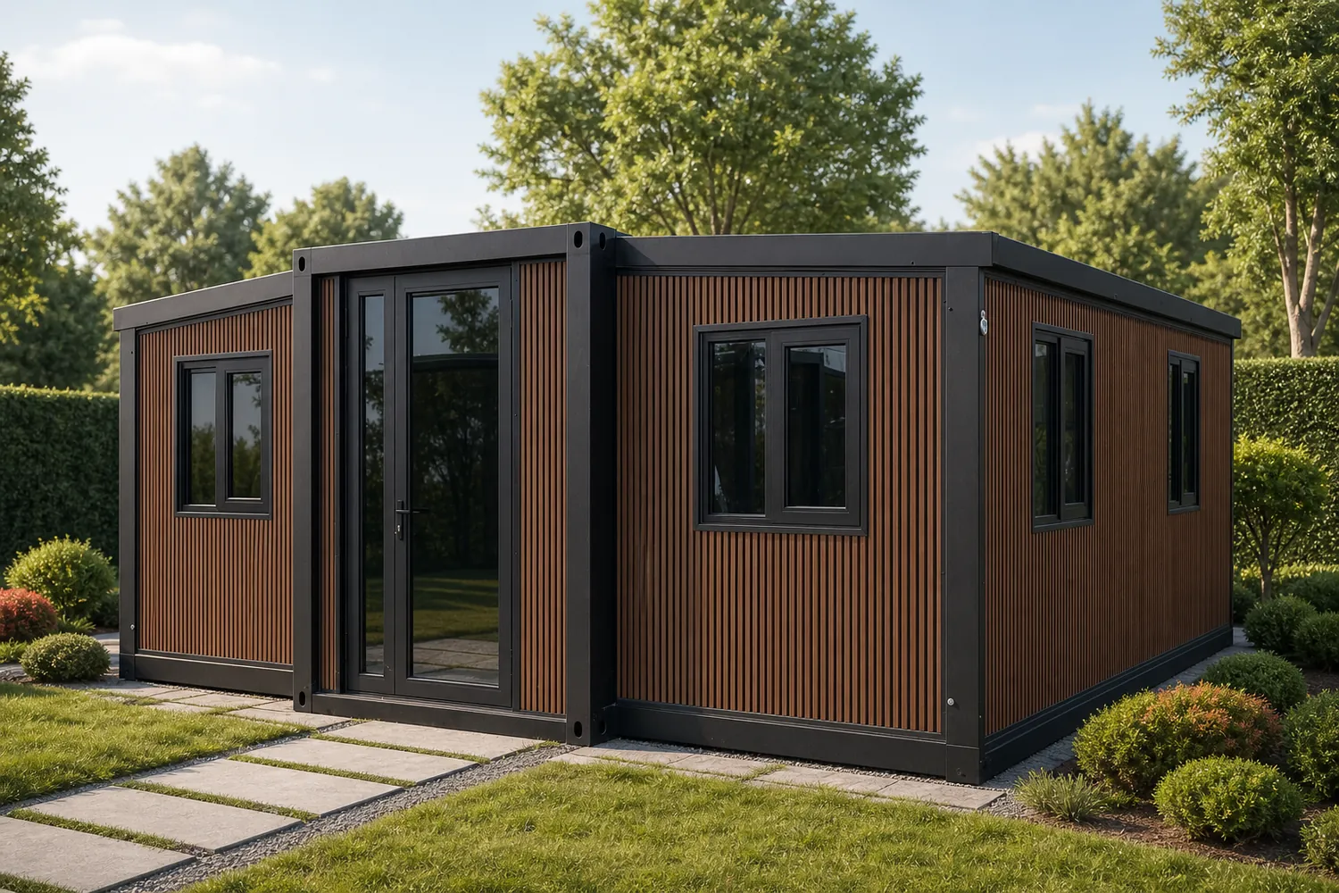 20ft expandable container house with wood grain WPC fluted wall panels in a residential setting