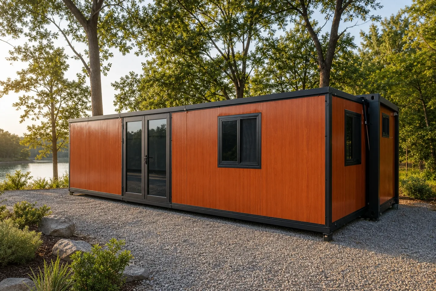 30ft red wood grain prefab homestay house beside a lake