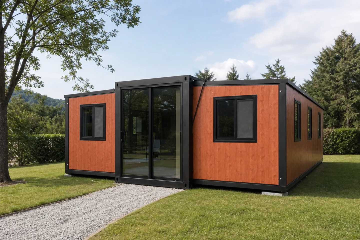 30ft three bedroom expandable prefab home installed on a countryside plot