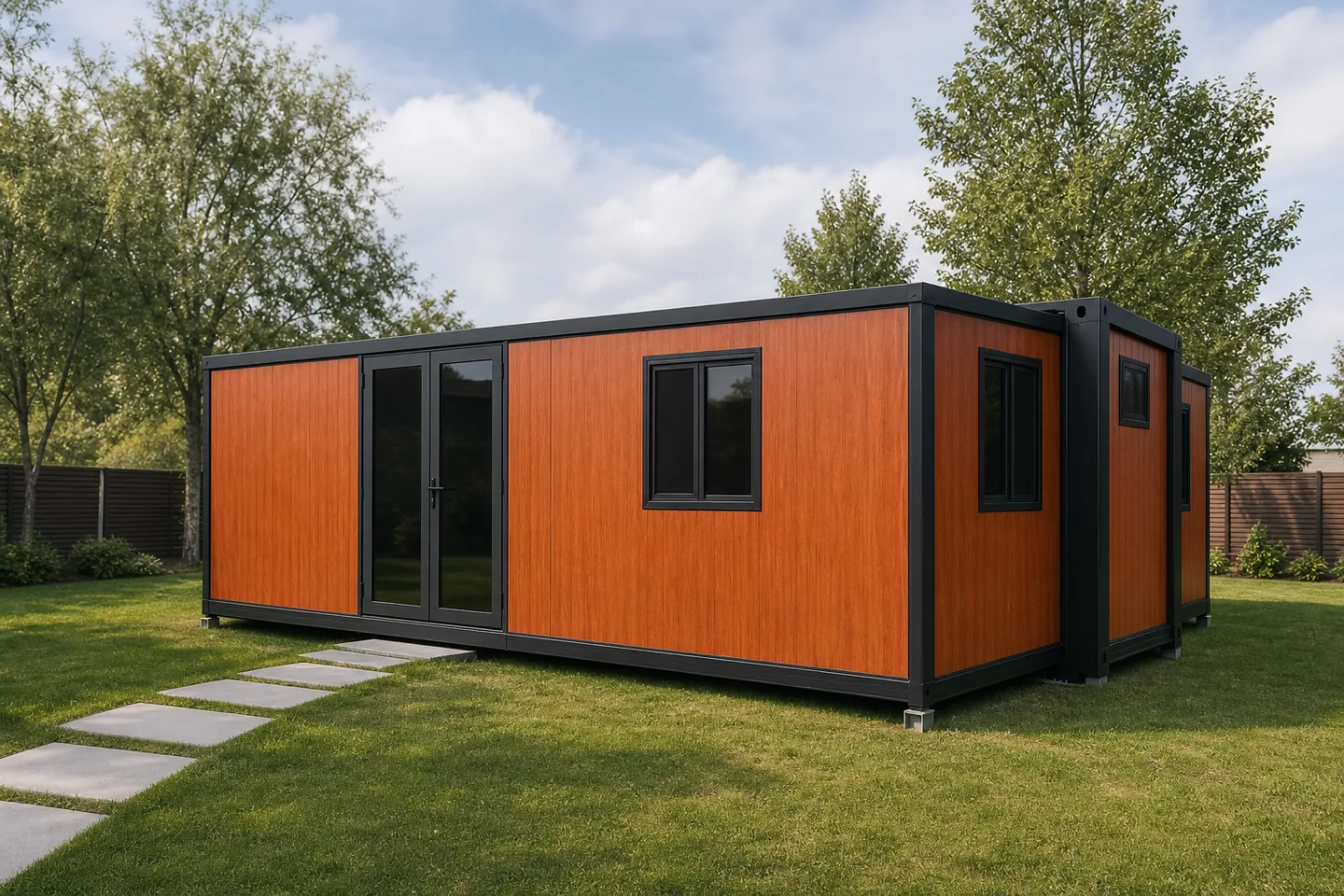 30ft two bedroom expandable container home installed on a residential lot