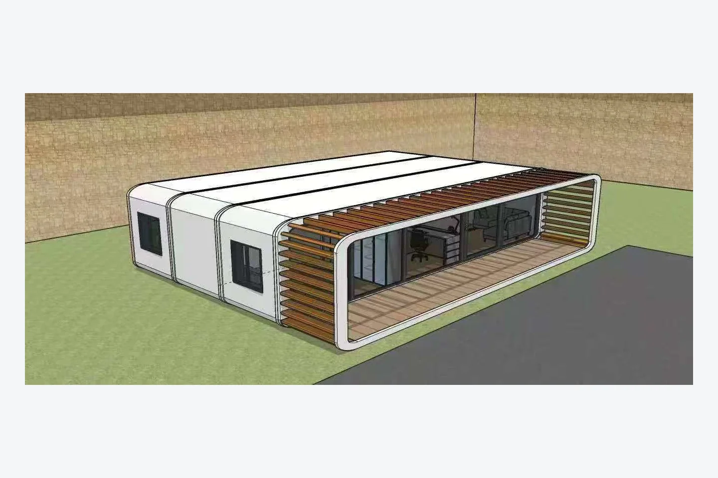 concept rendering of a 40ft Apple Cabin with panoramic glazing and full-length pergola