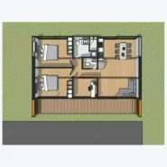 40ft Apple Cabin concept floor plan with two bedrooms, two bathrooms, kitchen, dining and living areas