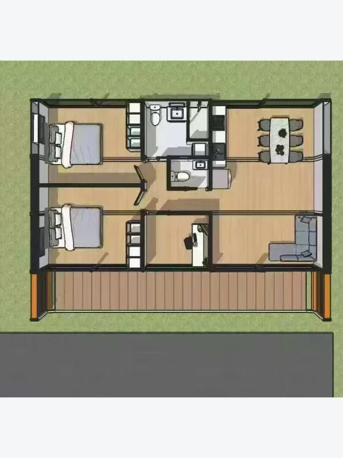 40ft Apple Cabin Two-Bedroom Floor Plan 40ft Apple Cabin concept floor plan with two bedrooms, two bathrooms, kitchen, dining and living areas