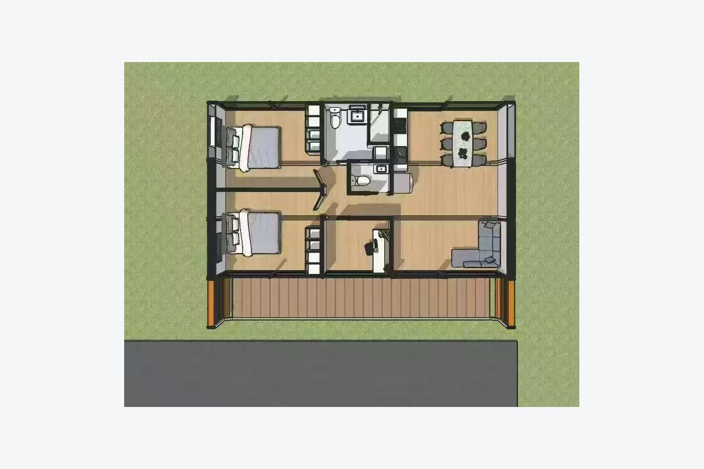 40ft Apple Cabin concept floor plan with two bedrooms, two bathrooms, kitchen, dining and living areas