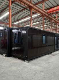 40ft black walnut expandable container house with black steel frame in factory