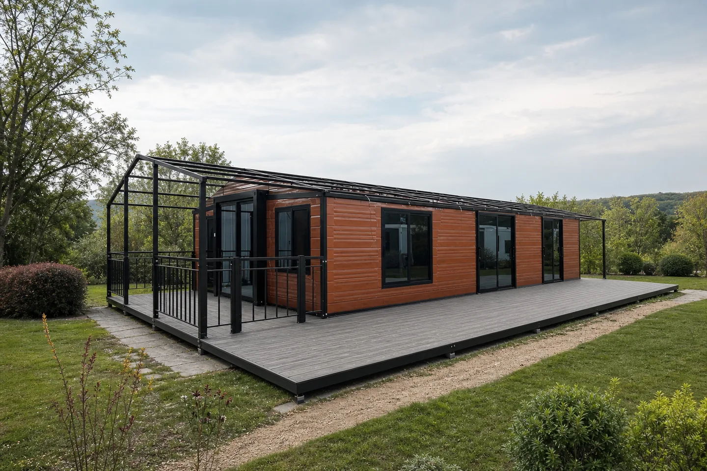 40ft expandable container home with large deck installed on a residential plot