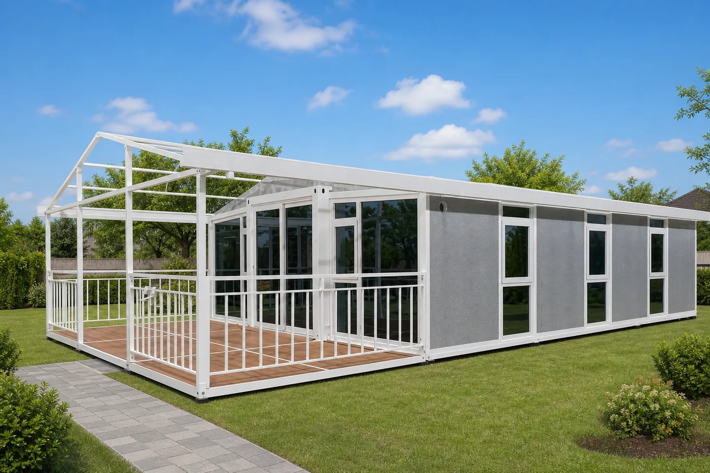 40ft gray prefab home with white veranda installed in a residential garden