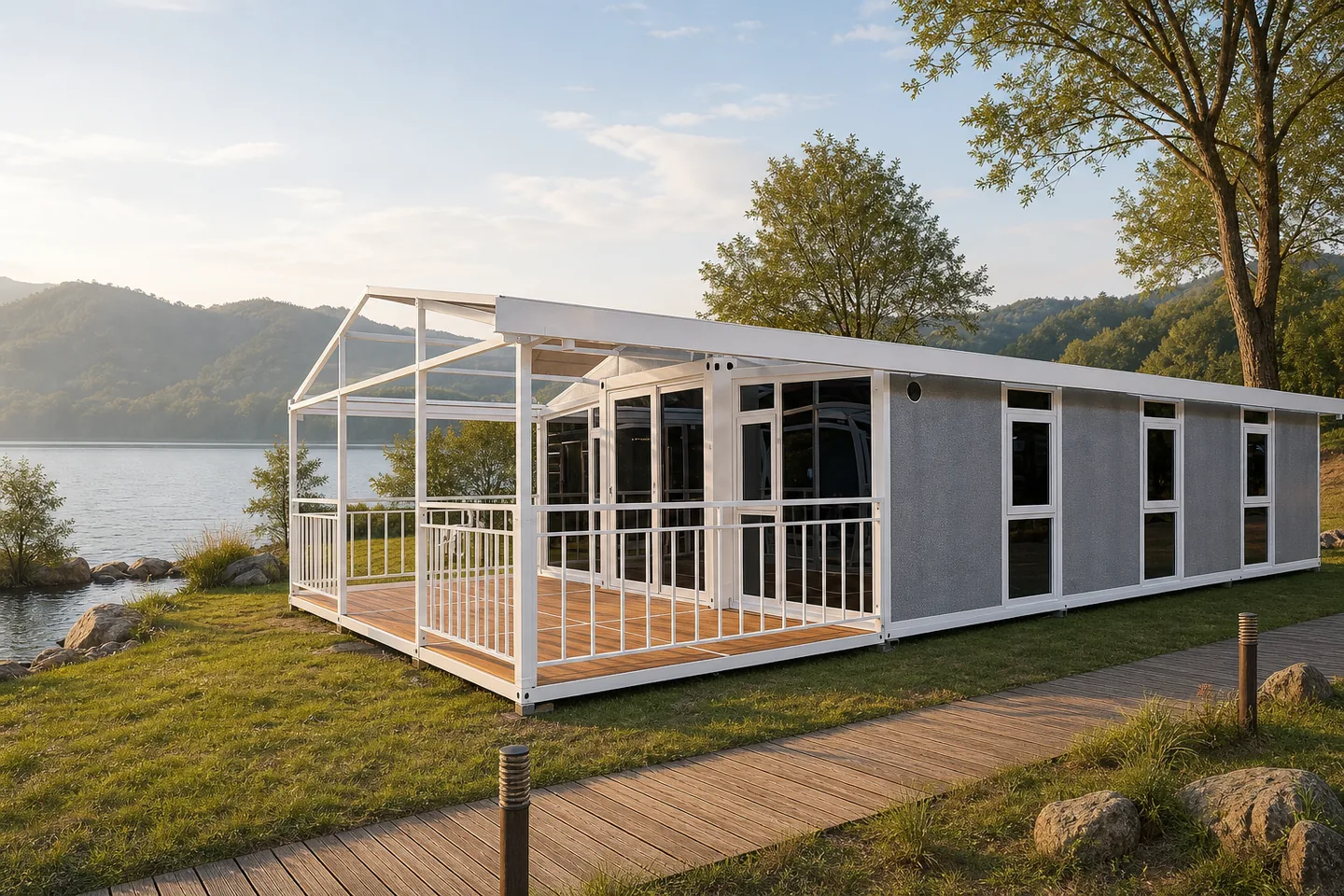 40ft expandable resort house with veranda beside a lake