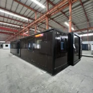 40ft modular container home with black frame and walnut finish