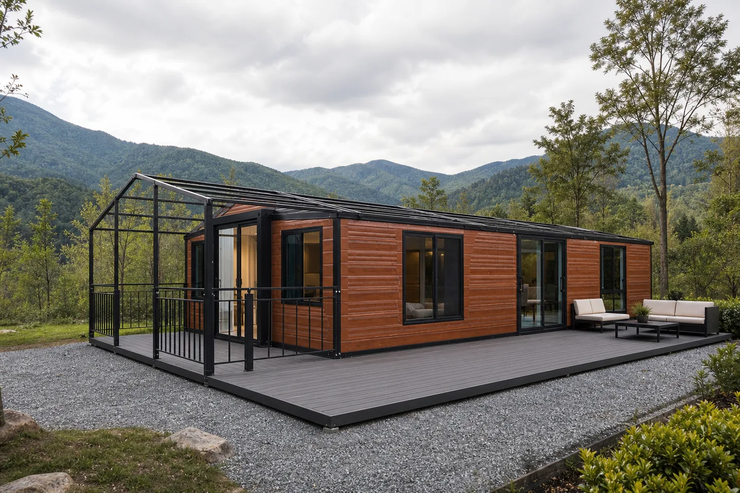 40ft modular glamping house with wood grain walls and large front terrace