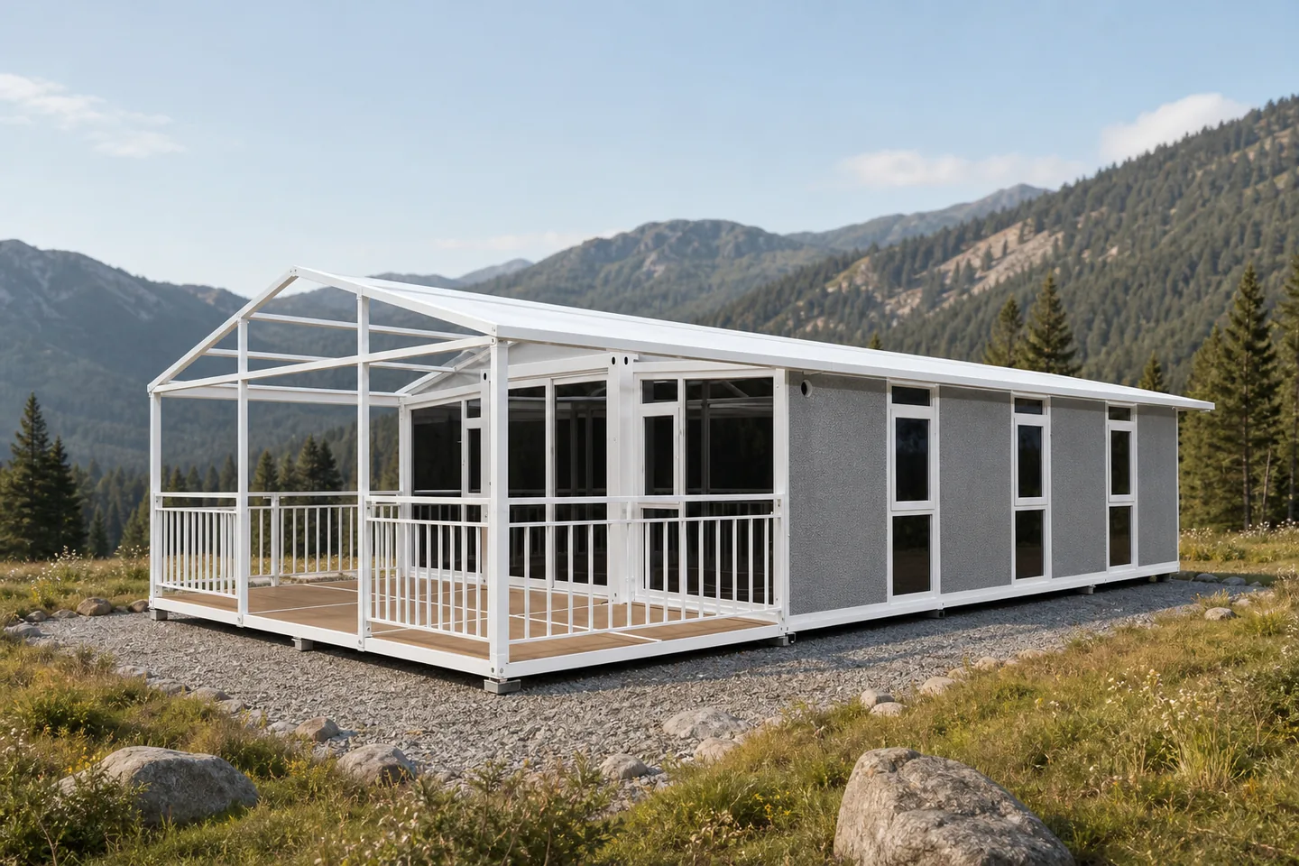 40ft gray expandable glamping house with white veranda in a mountain setting