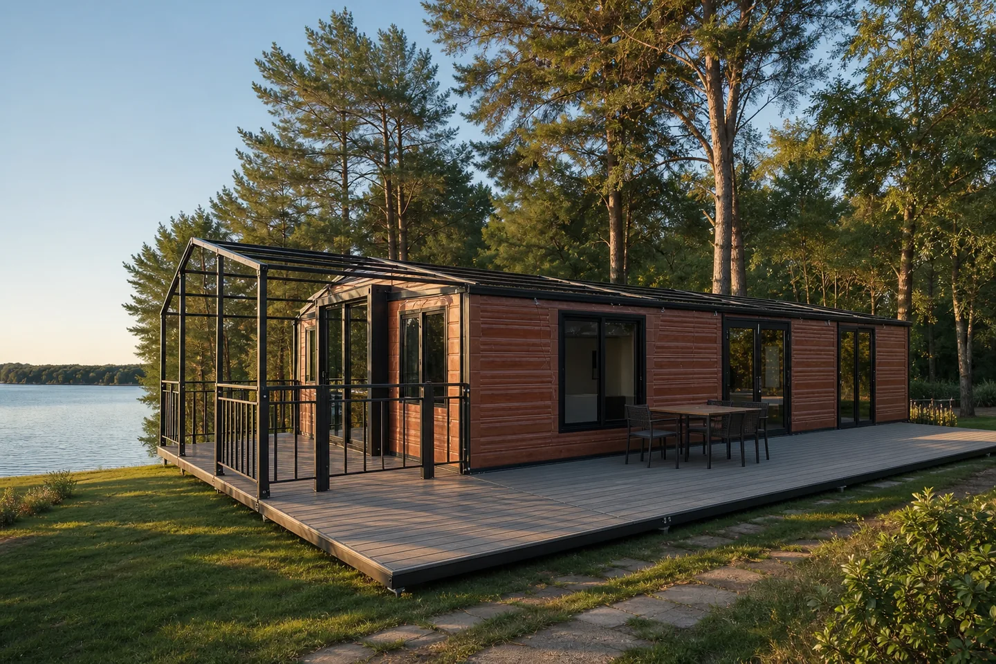40ft prefab resort house with full length deck beside a lake