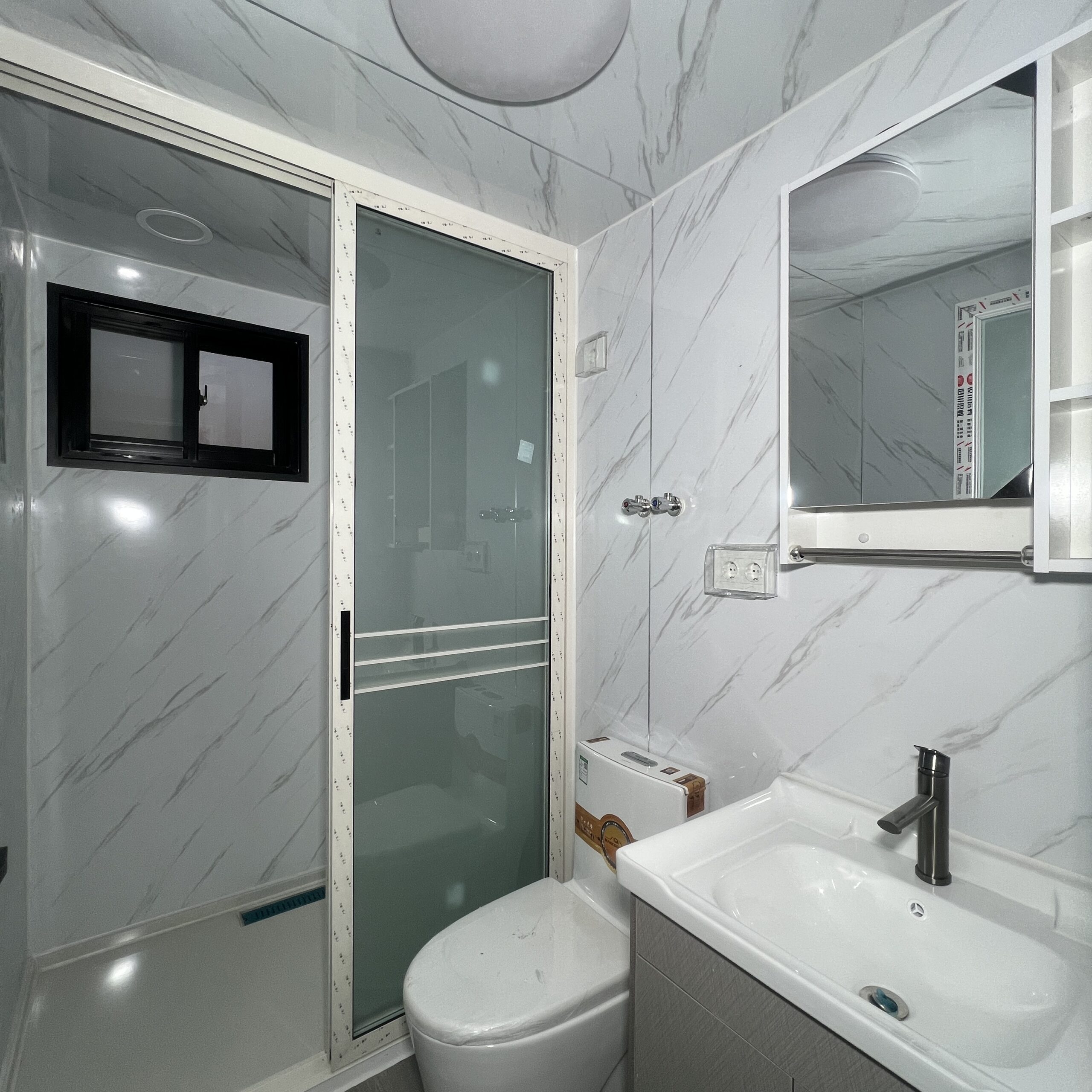 Expandable container house bathroom inspection with shower toilet and vanity