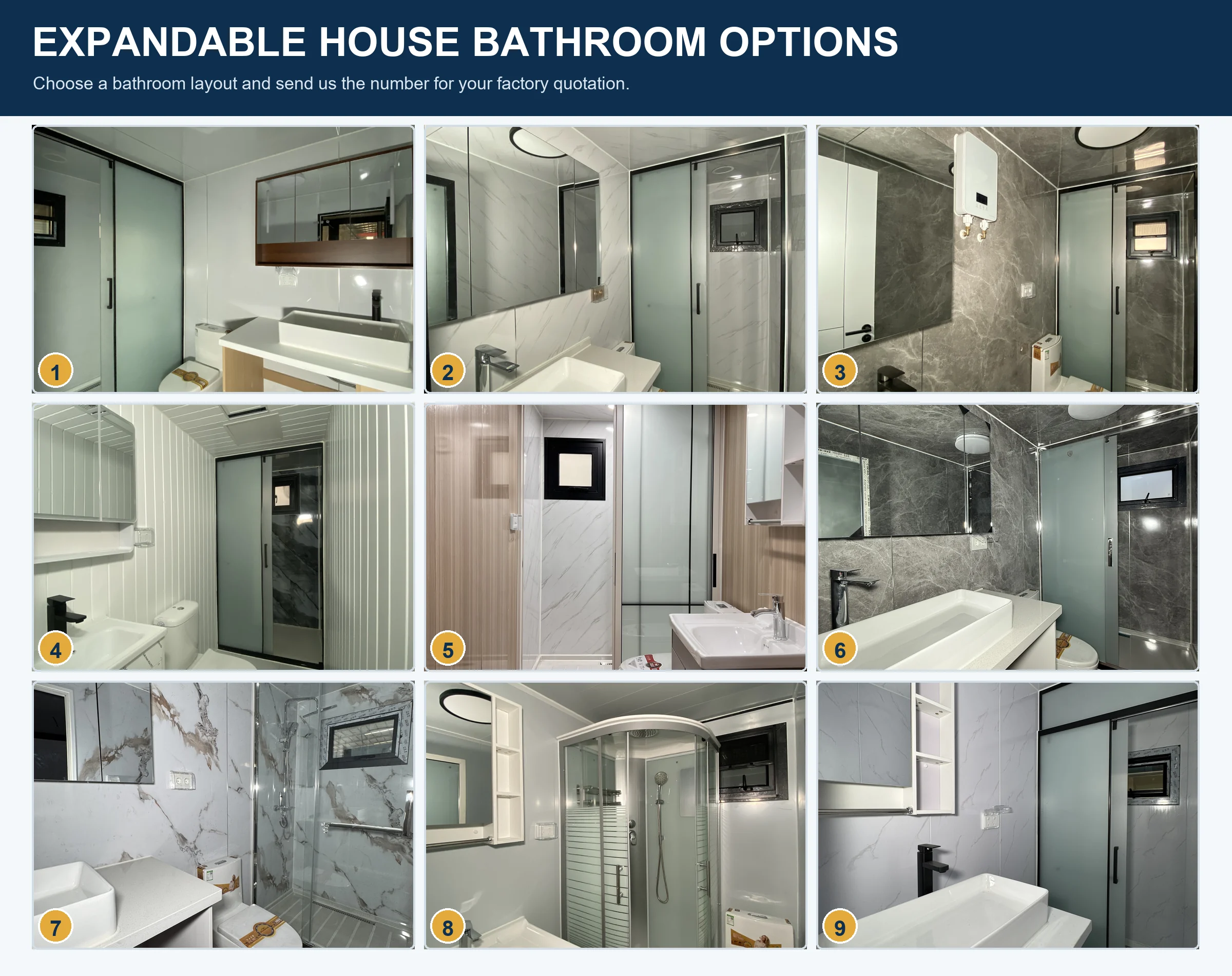 Numbered bathroom layout and interior finish options 1 to 9 for expandable container houses