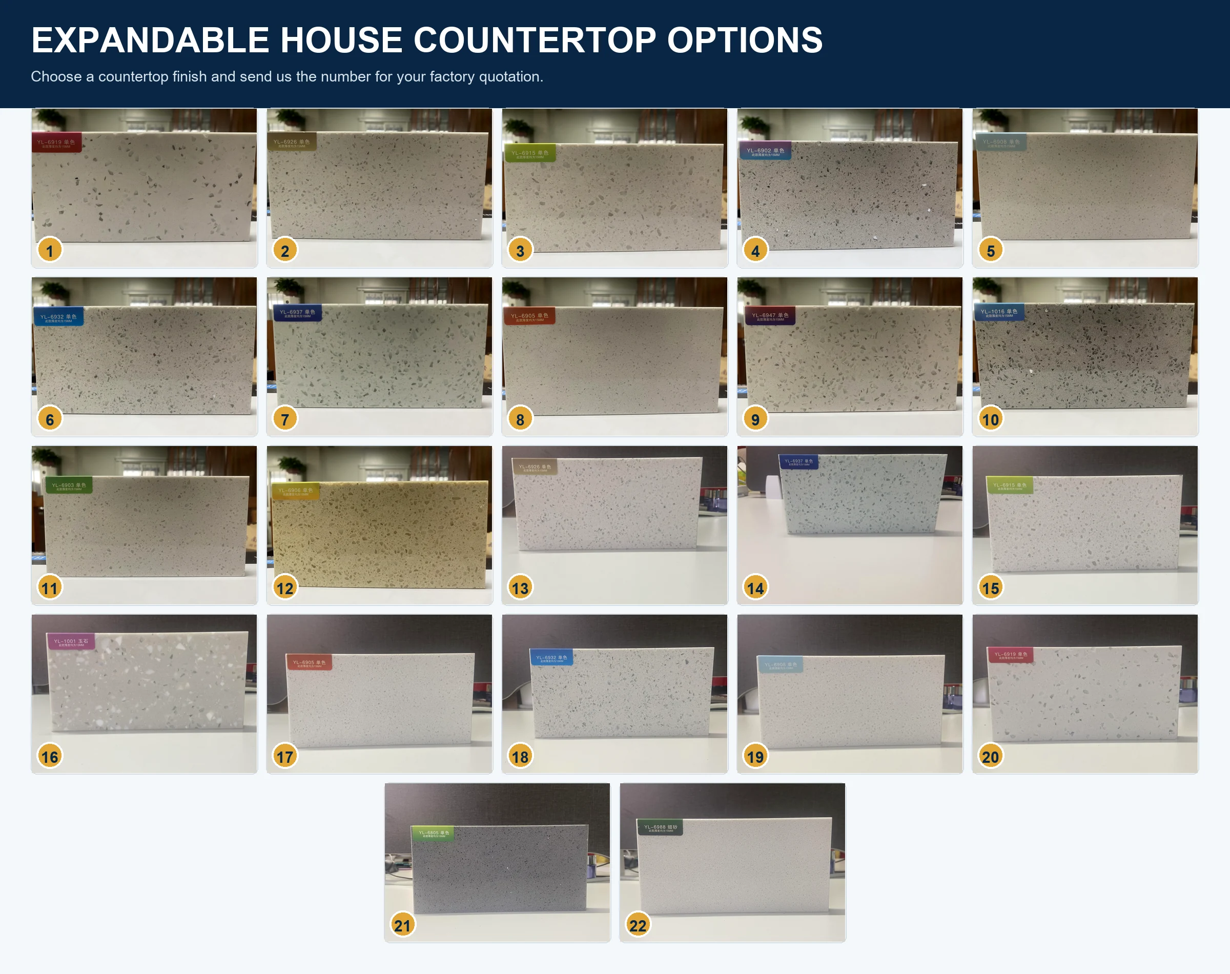 Numbered quartz and marble-look kitchen countertop finish options 1 to 22 for expandable container houses