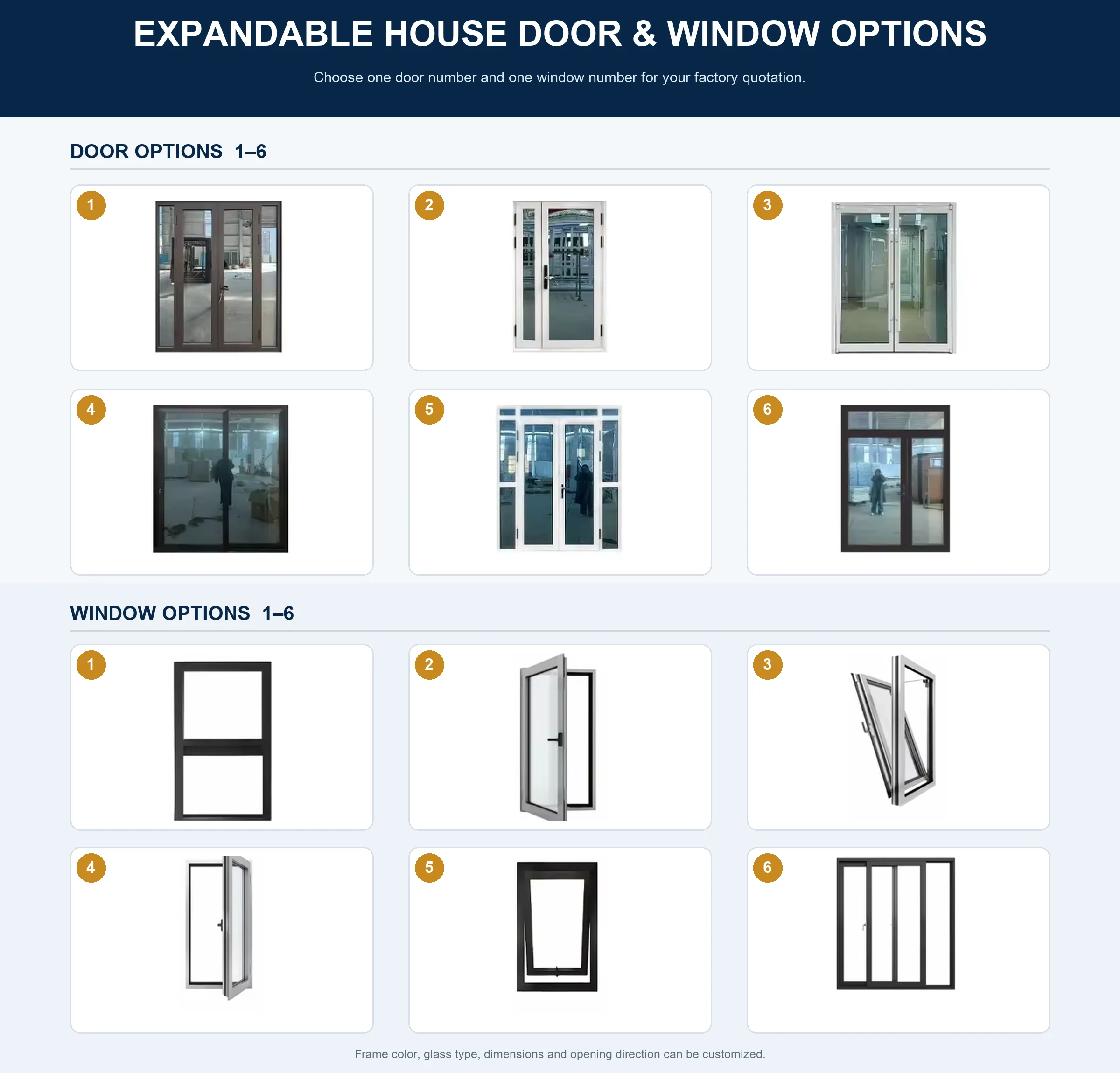 Numbered door options 1 to 6 and window options 1 to 6 for expandable container houses