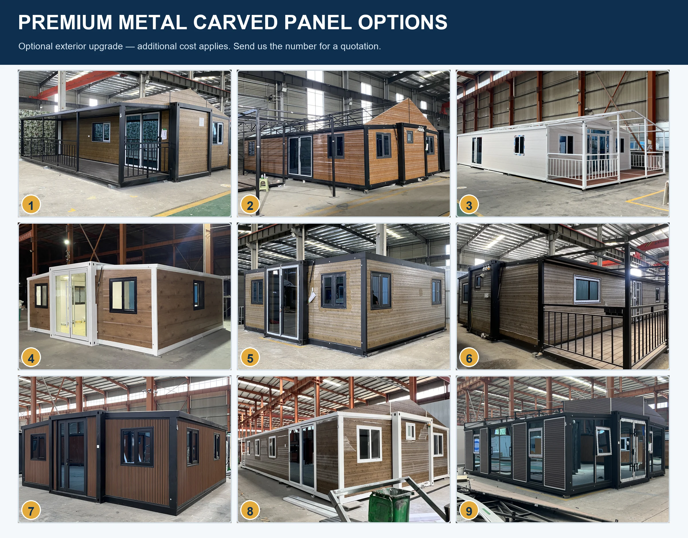 Premium metal carved exterior wall panel options 1 to 9 for expandable container houses