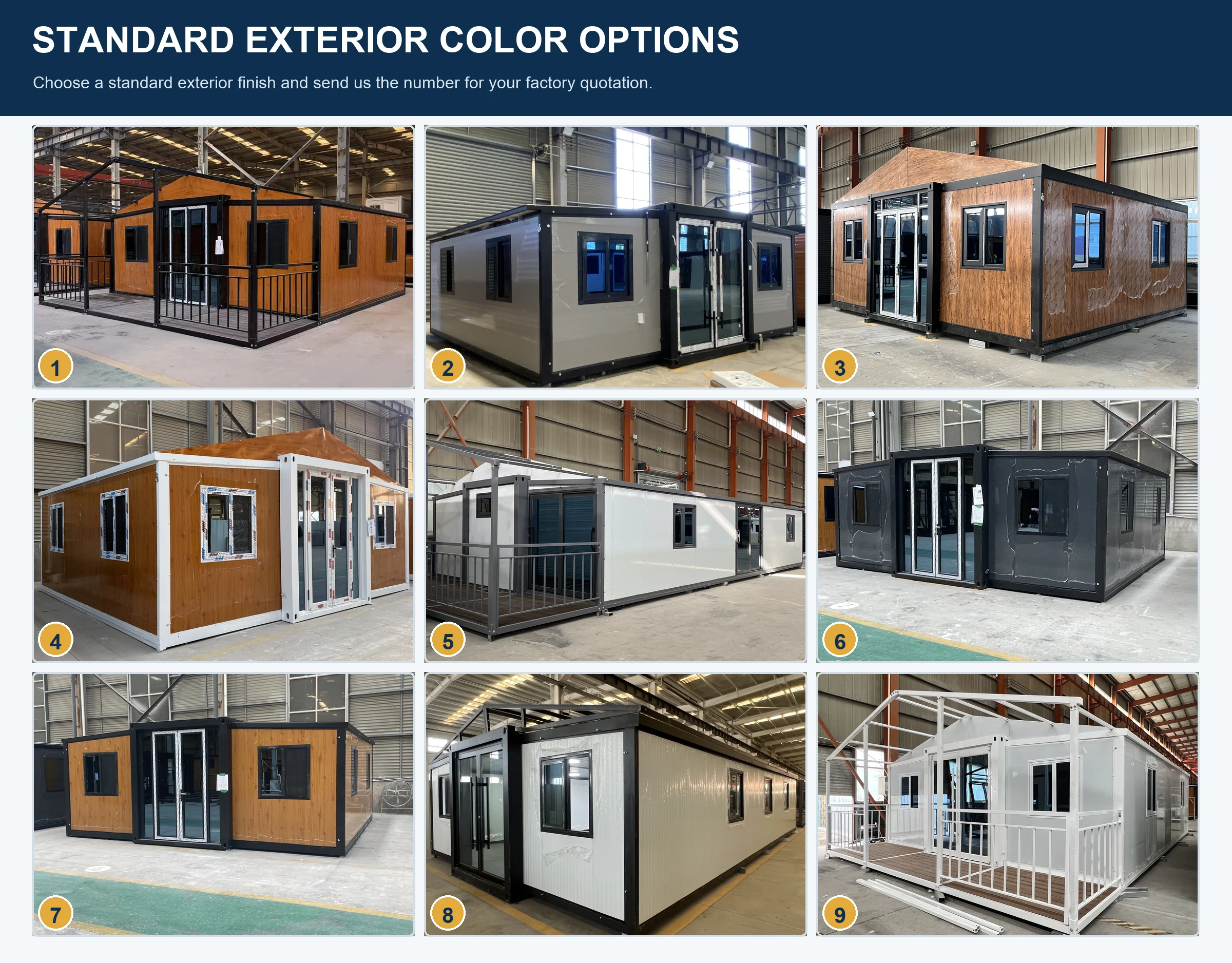 Standard exterior color options 1 to 9 for expandable container houses