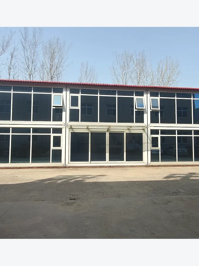 wide front view of a modular quick-assembly container office and accommodation building