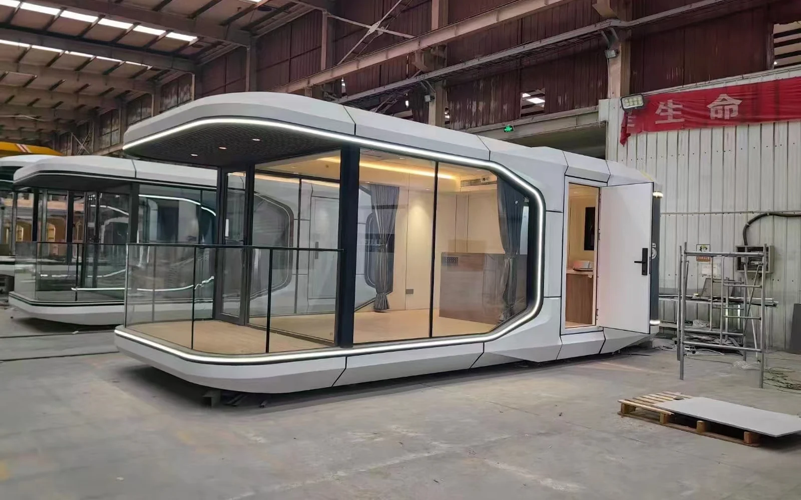 Finished space capsule modular house inside the production workshop
