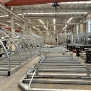 multiple steel frames for Space Capsule modular houses in a production workshop