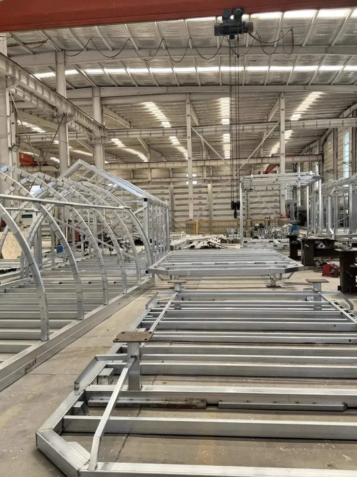 Space Capsule Prefab Frame Workshop multiple steel frames for Space Capsule modular houses in a production workshop