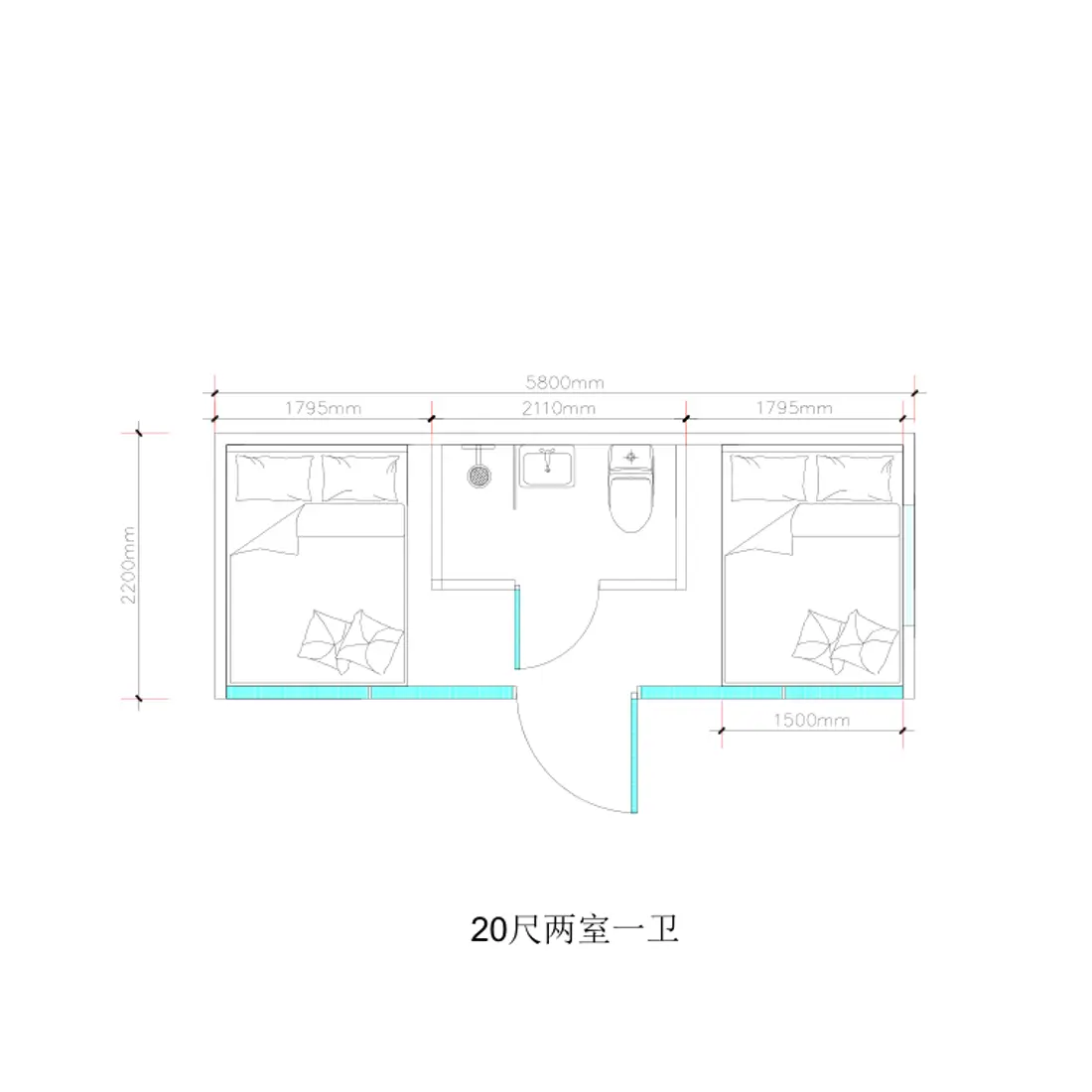 20ft Apple Cabin 2 bedroom one bathroom floor plan 5800 by 2200 mm