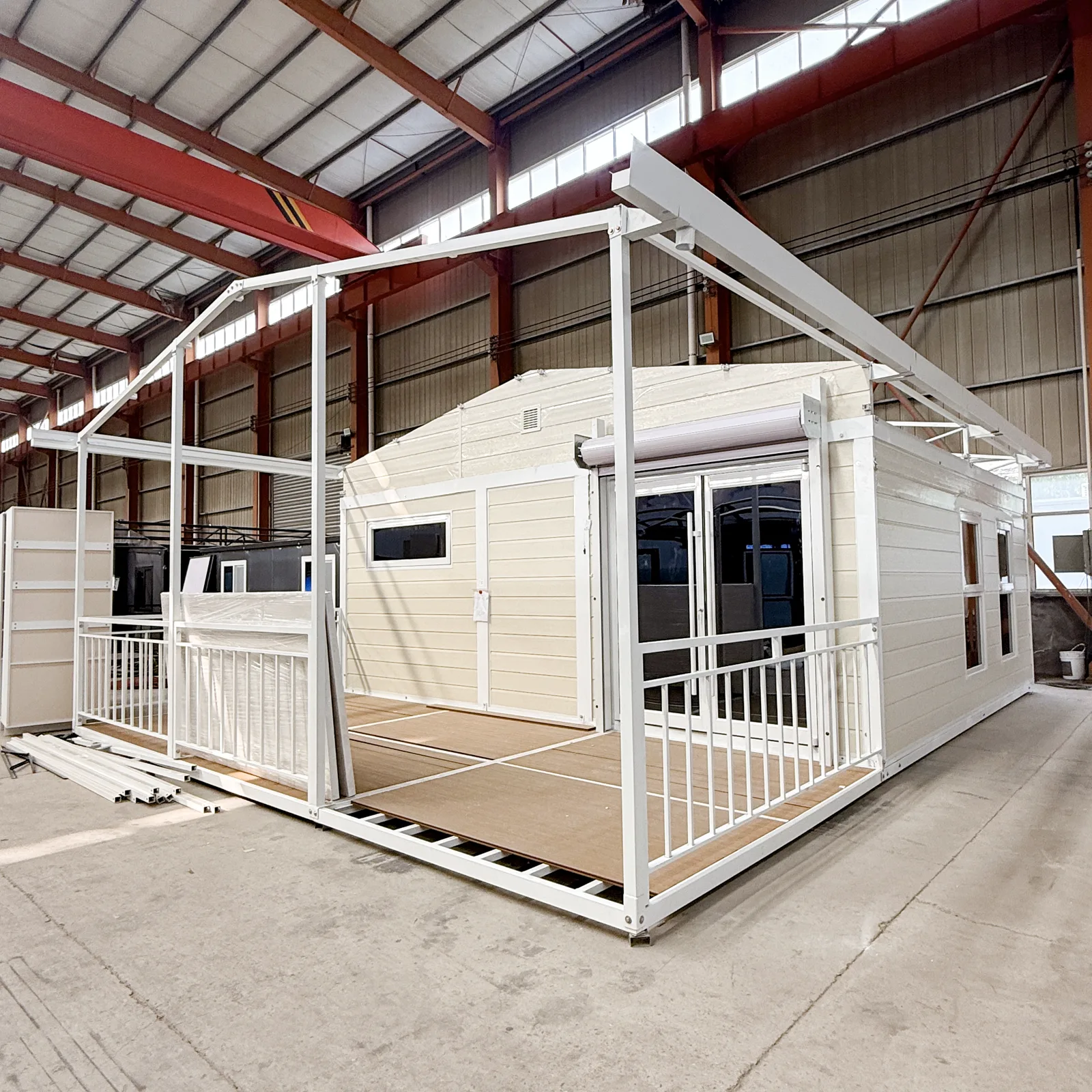 40ft folding prefab home with front porch canopy and deck