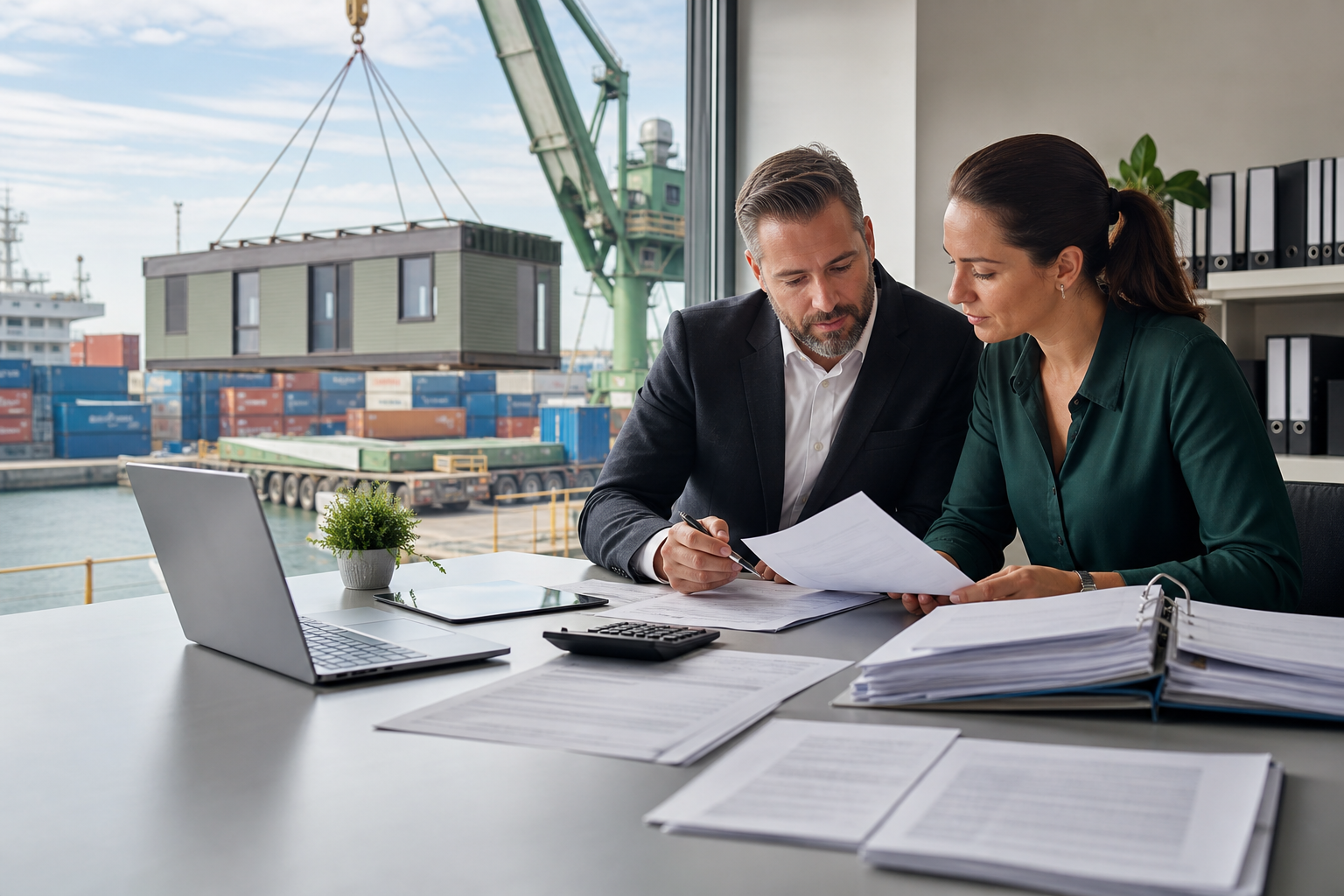 Importer and customs broker reviewing prefab house customs documents, import duty and VAT