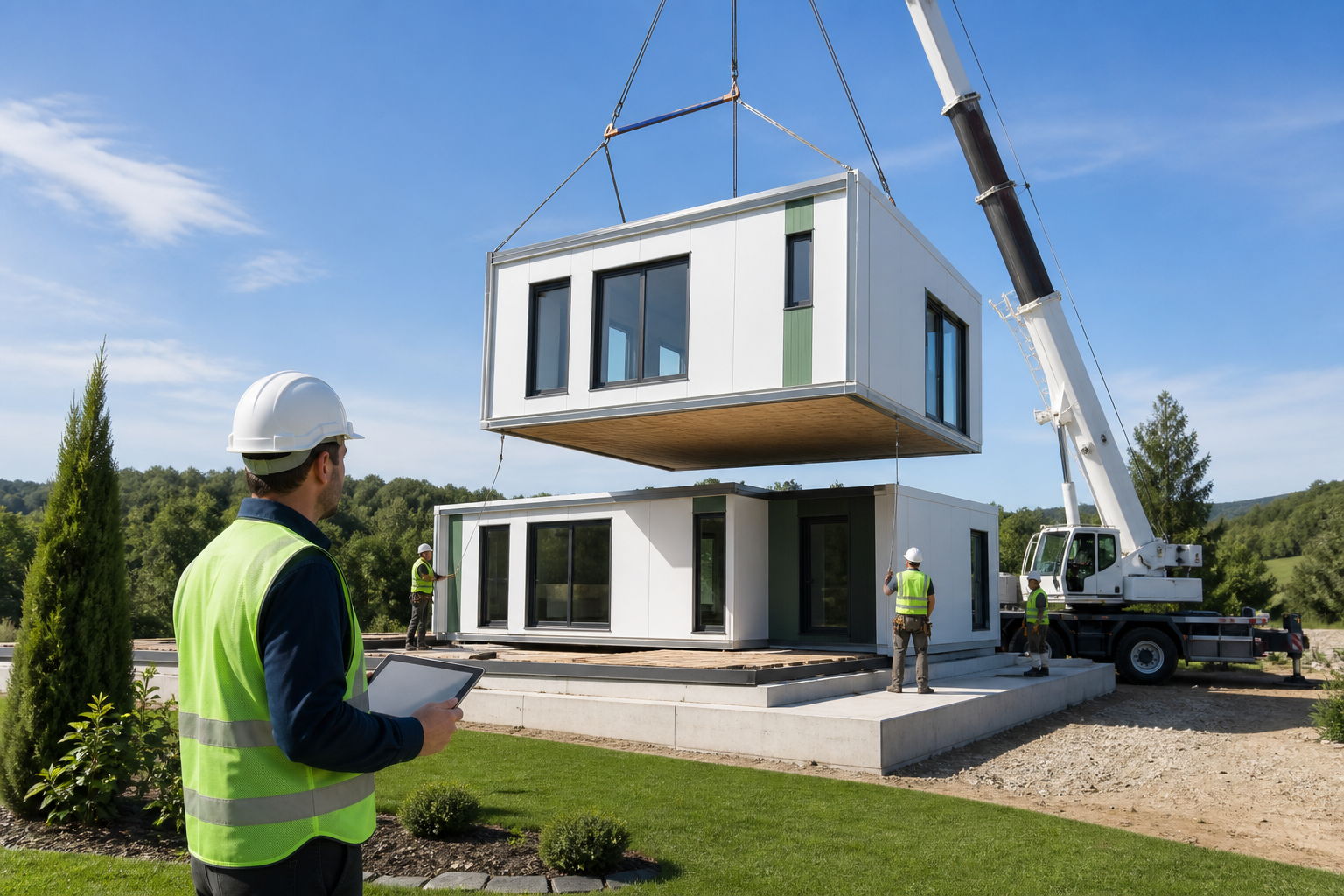 Prefab modular house installation at the customer site with crane, prepared foundation and technical support