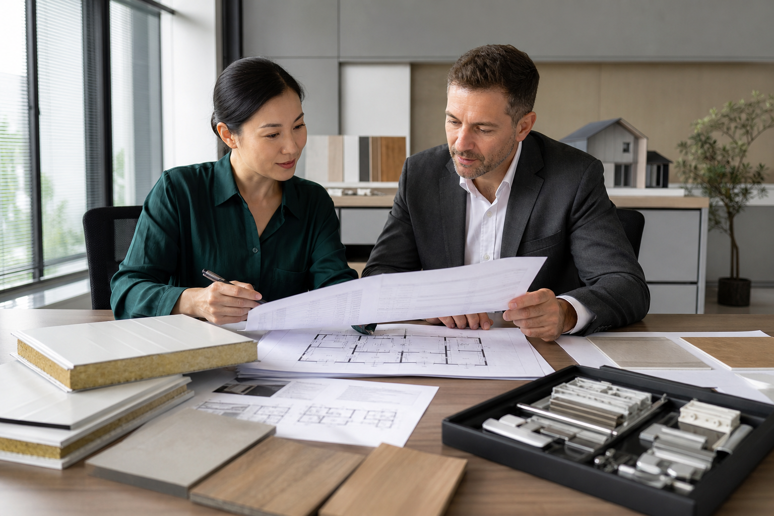 International buyer and prefab house supplier reviewing quotation, floor plan and material specifications