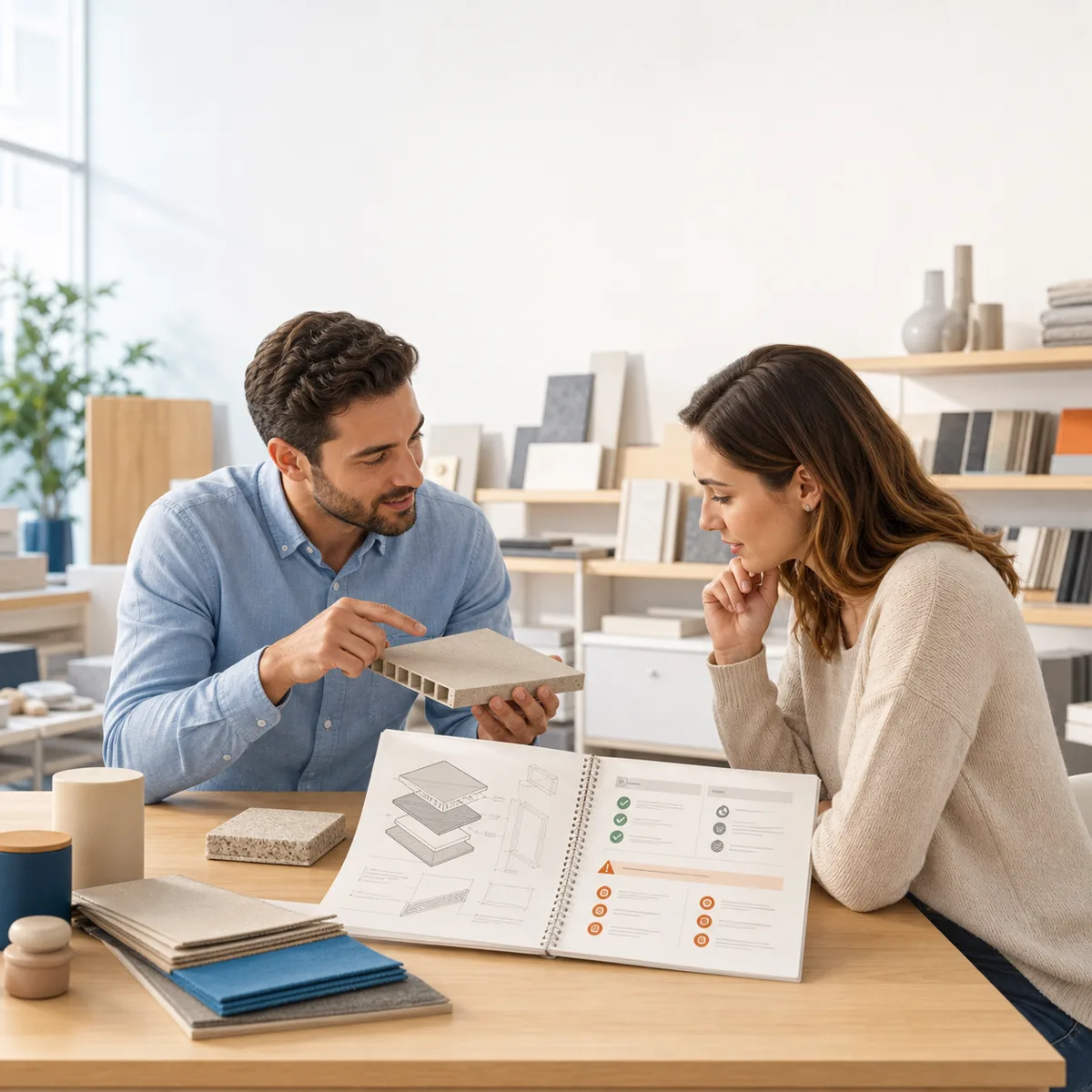 Buyer reviewing product materials specifications and limitations with a sourcing advisor